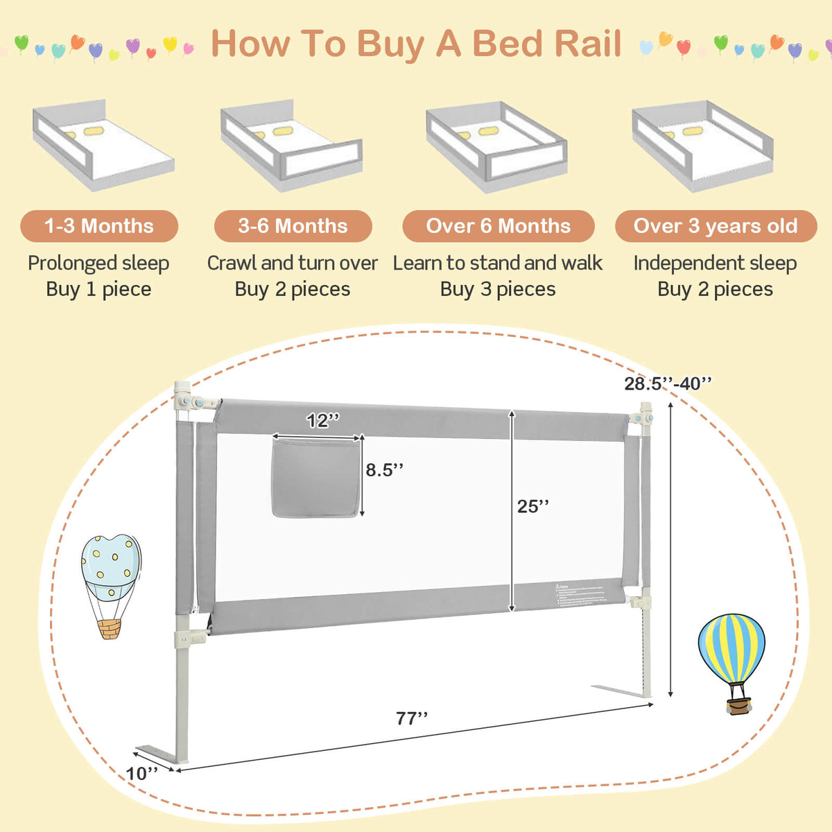 77 Inch Baby Bed Rail with Double Safety Lock & Gray Finish - Child Safety Guard