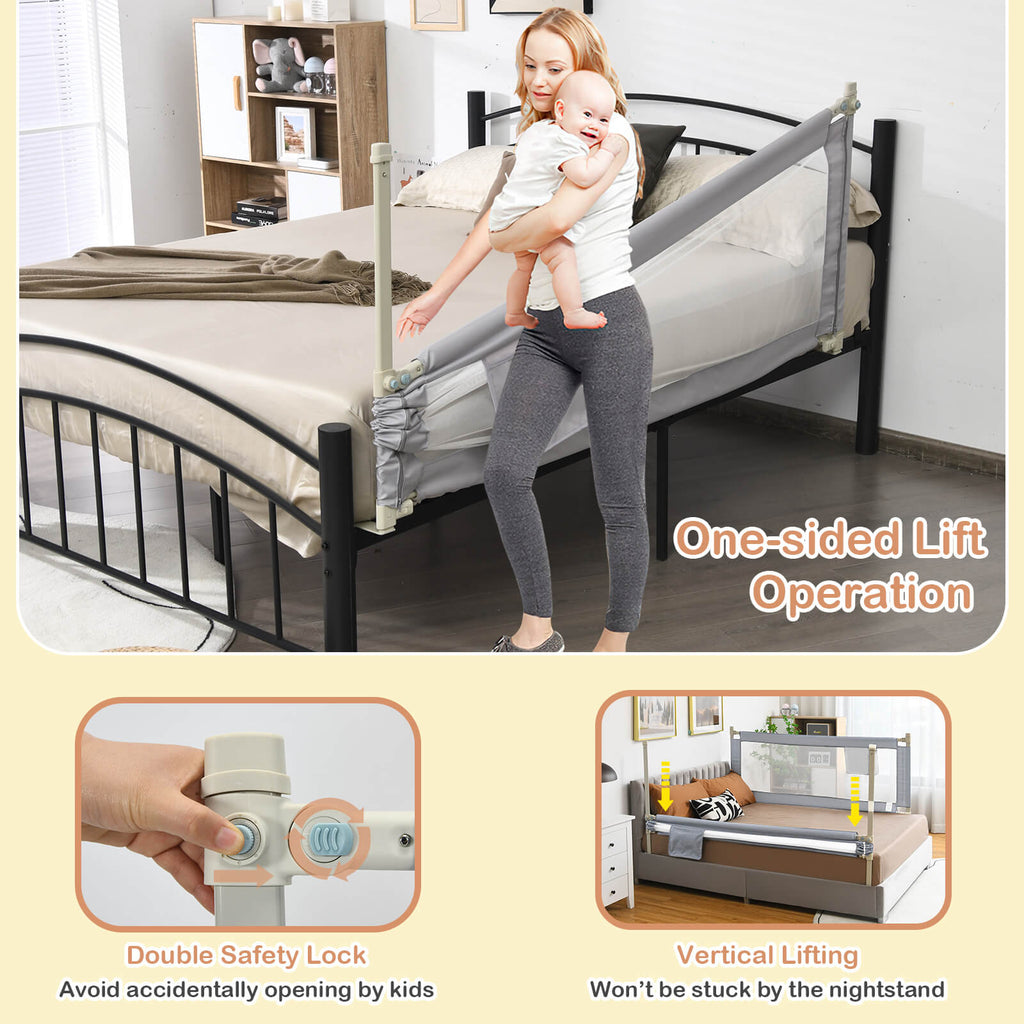 77 Inch Baby Bed Rail with Double Safety Lock & Gray Finish - Child Safety Guard