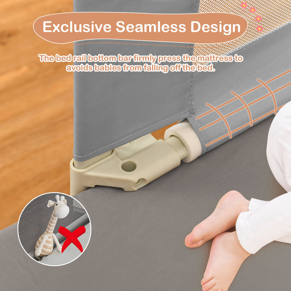 77 Inch Baby Bed Rail with Double Safety Lock & Gray Finish - Child Safety Guard
