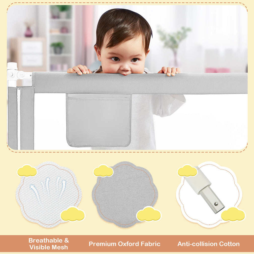 77 Inch Baby Bed Rail with Double Safety Lock & Gray Finish - Child Safety Guard