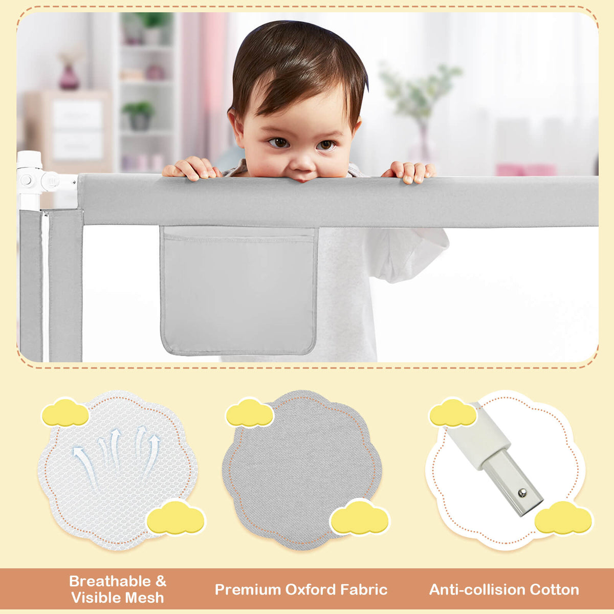 77 Inch Baby Bed Rail with Double Safety Lock & Gray Finish - Child Safety Guard