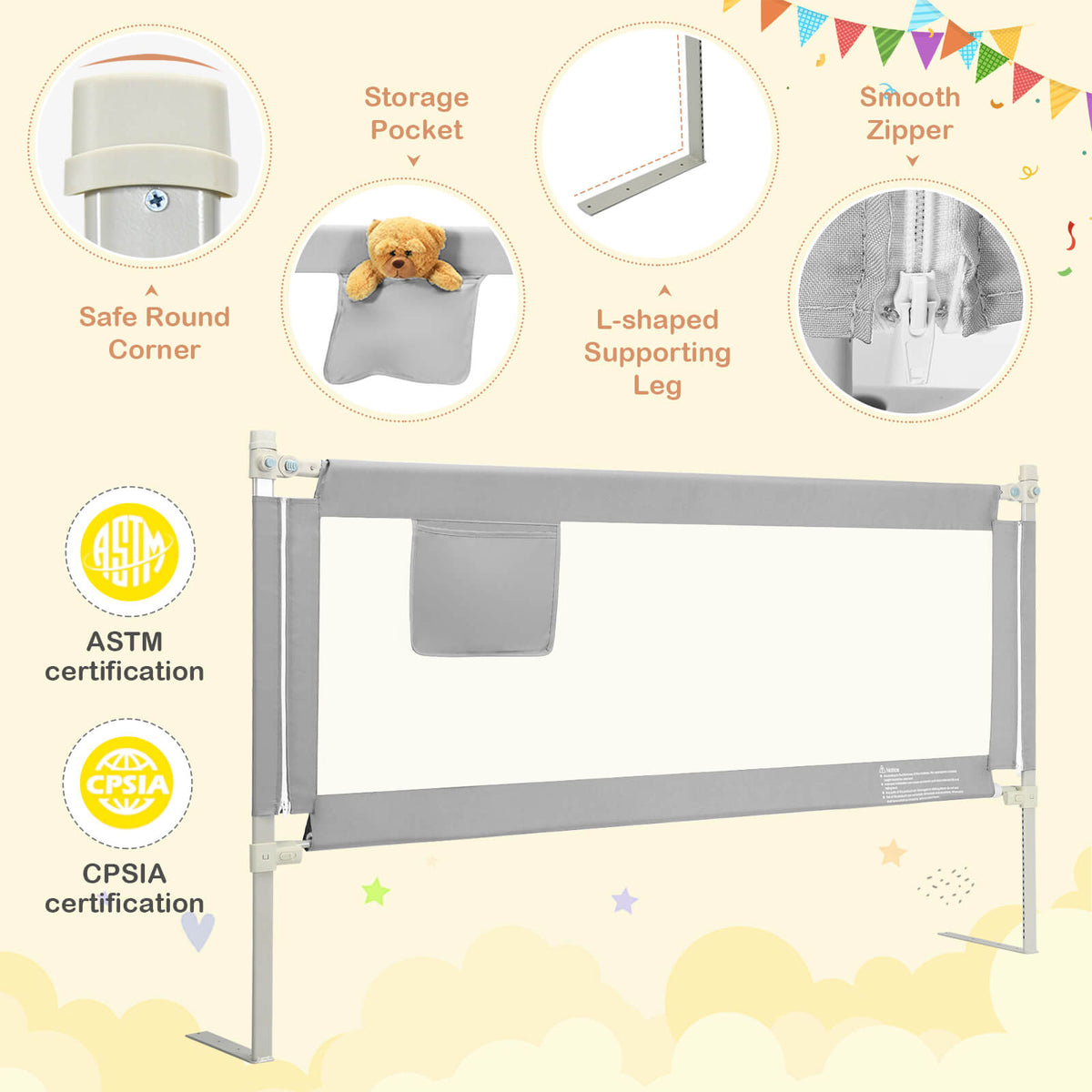 77 Inch Baby Bed Rail with Double Safety Lock & Gray Finish - Child Safety Guard