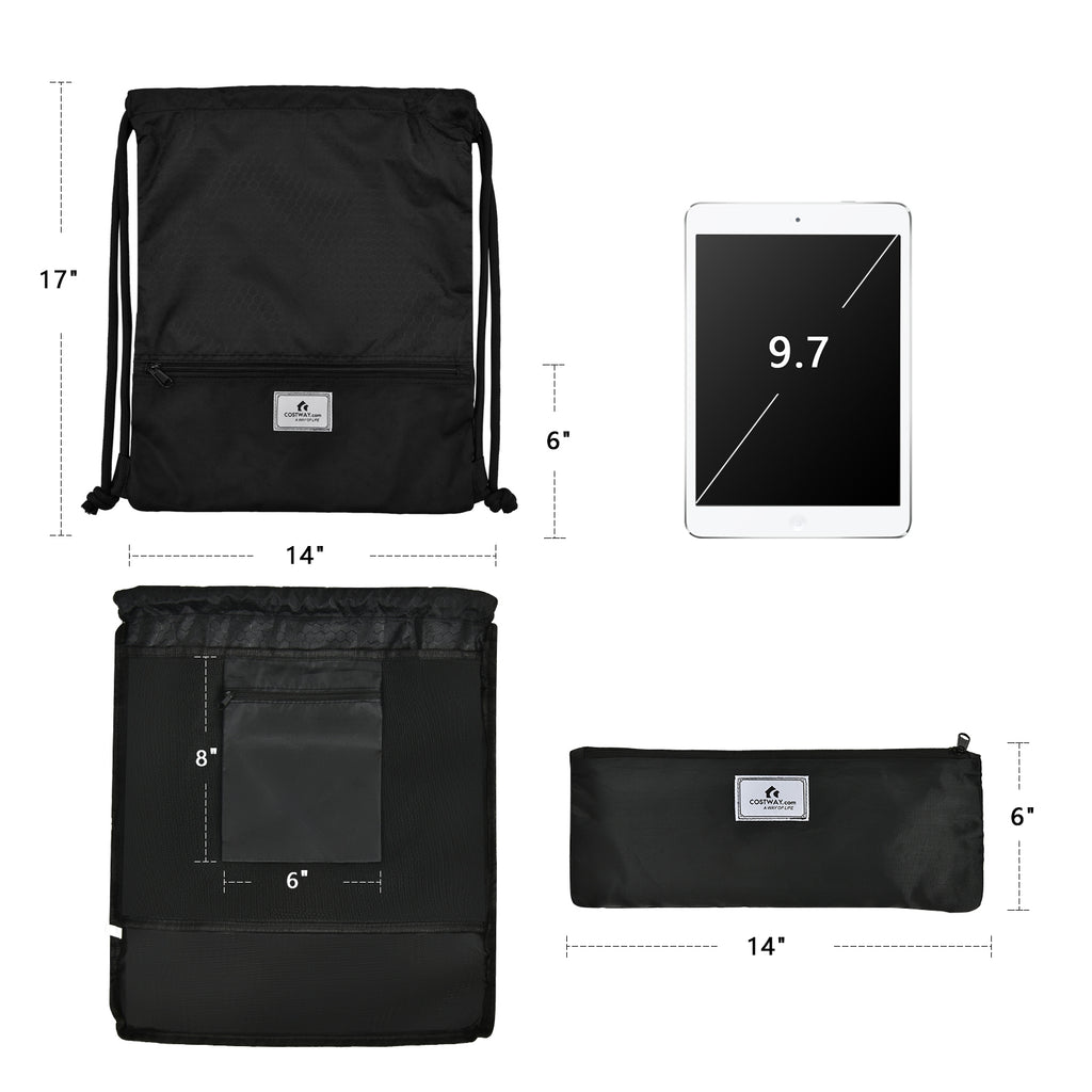 Drawstring Backpack with Zipper Pocket - Black