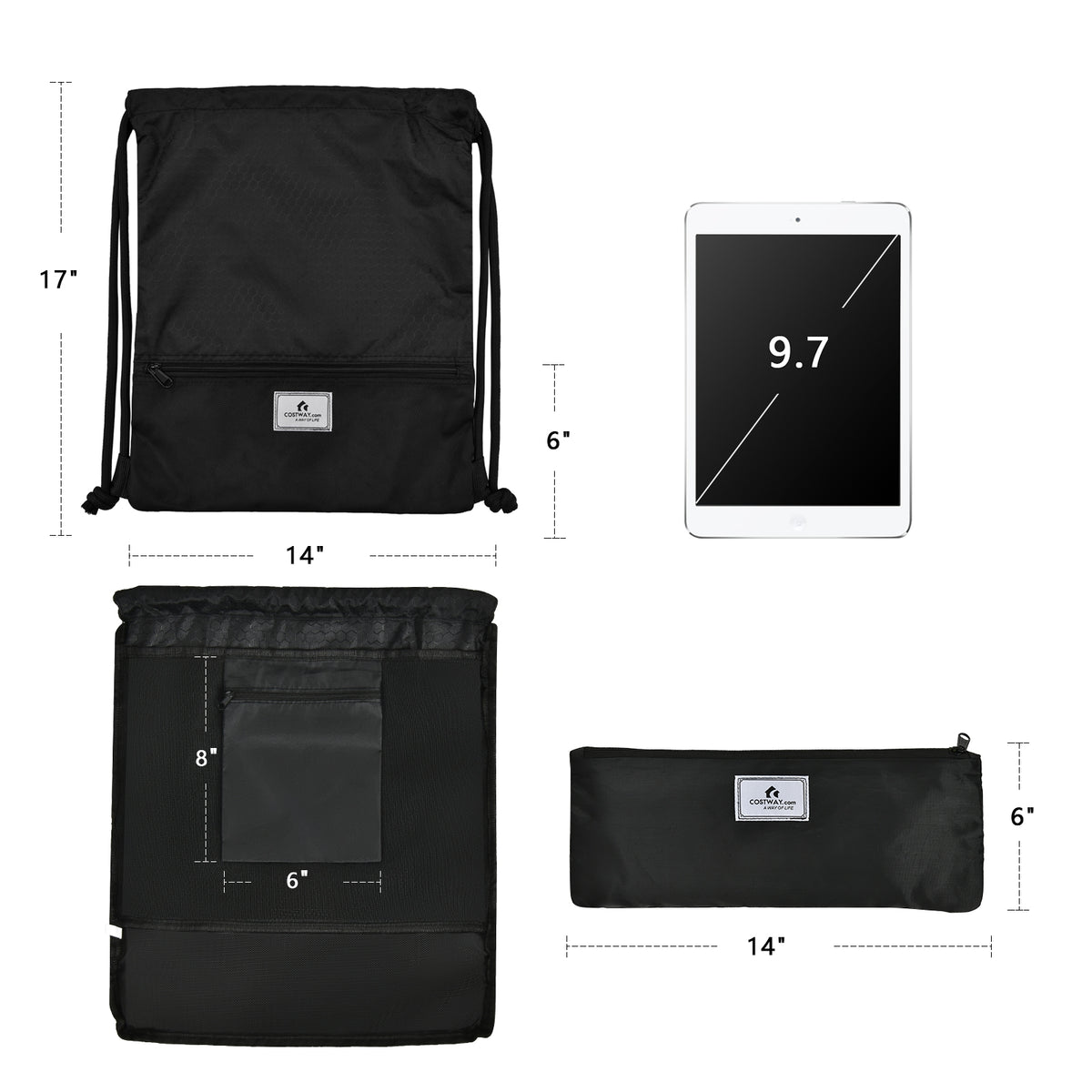 Drawstring Backpack with Zipper Pocket - Black