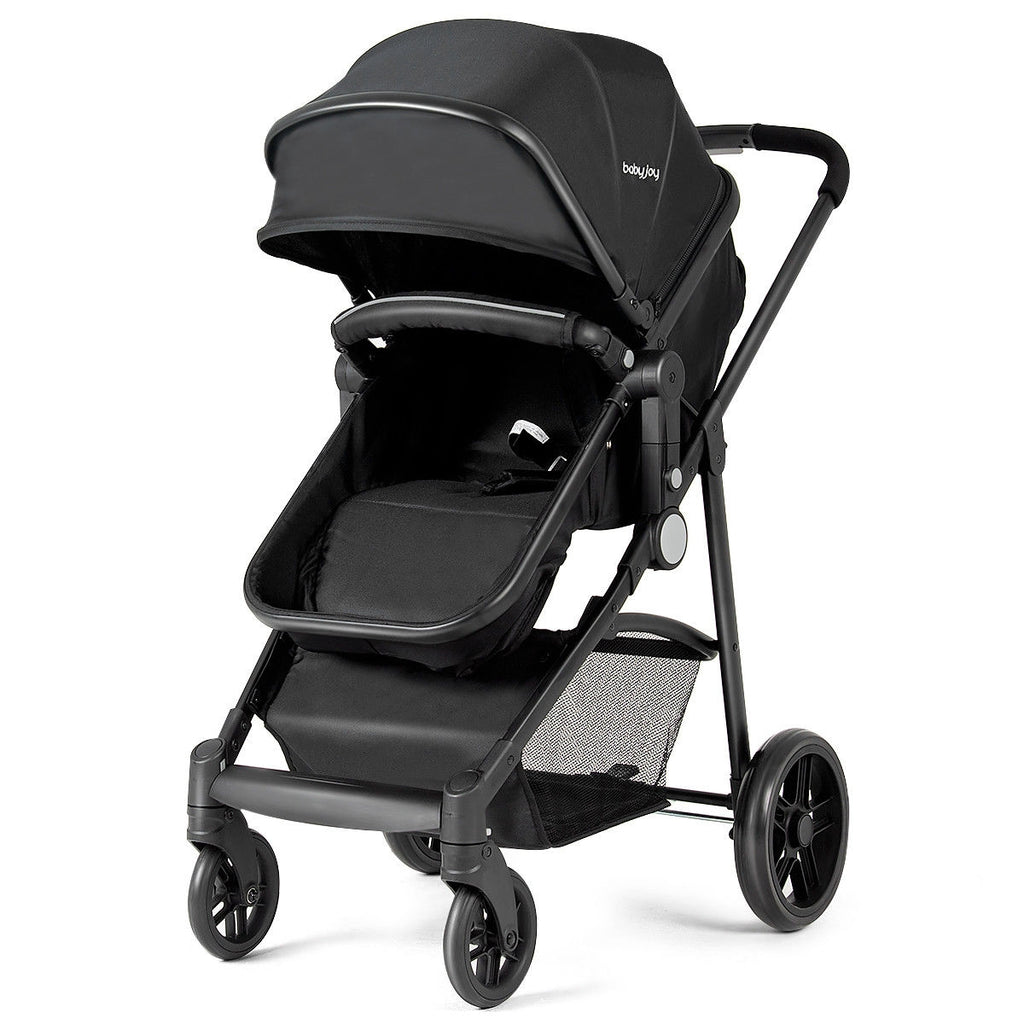 2-in-1 Foldable Baby Stroller with Cup Holder, Black - Newborn Infant Pushchair