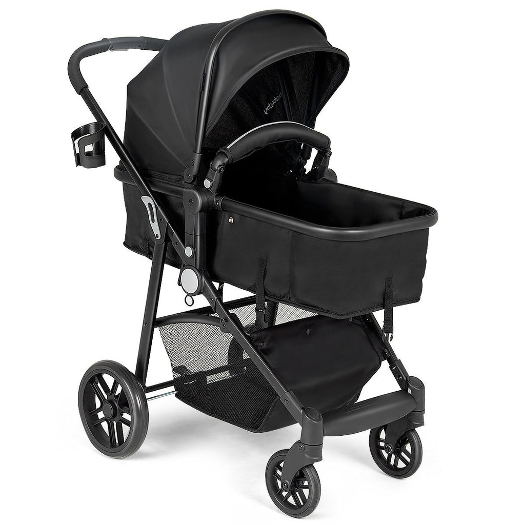 2-in-1 Foldable Baby Stroller with Cup Holder, Black - Newborn Infant Pushchair