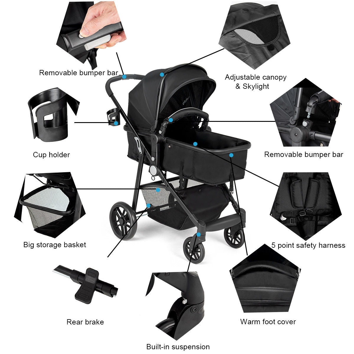 2-in-1 Foldable Baby Stroller with Cup Holder, Black - Newborn Infant Pushchair