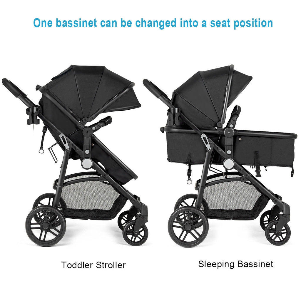 2-in-1 Foldable Baby Stroller with Cup Holder, Black - Newborn Infant Pushchair