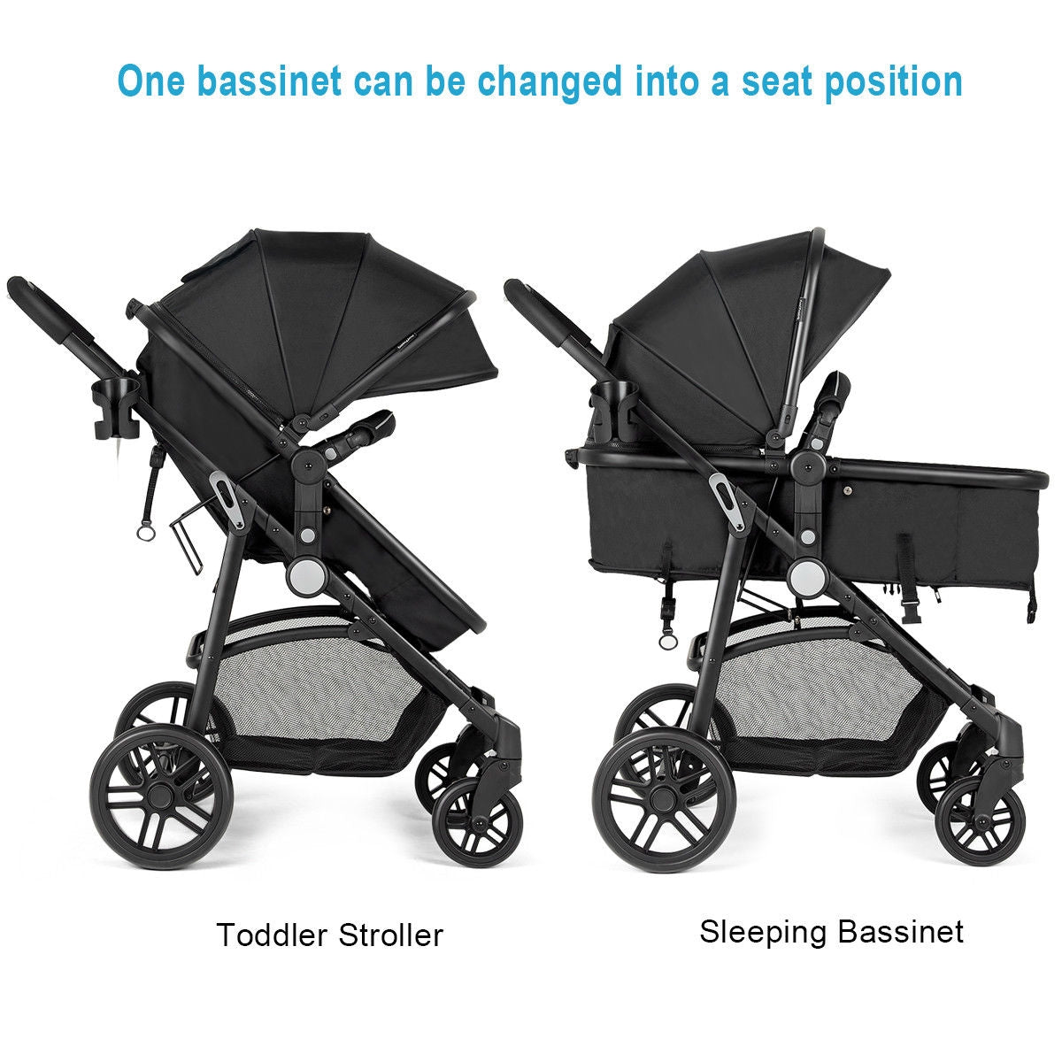 2-in-1 Foldable Baby Stroller with Cup Holder, Black - Newborn Infant Pushchair