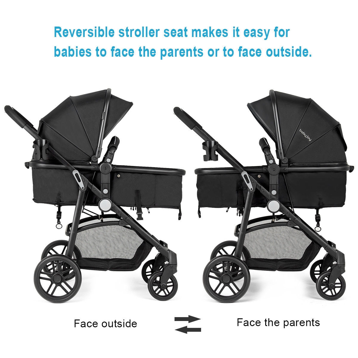2-in-1 Foldable Baby Stroller with Cup Holder, Black - Newborn Infant Pushchair