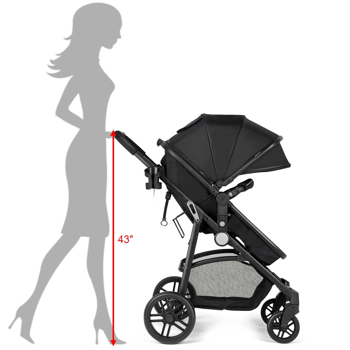2-in-1 Foldable Baby Stroller with Cup Holder, Black - Newborn Infant Pushchair