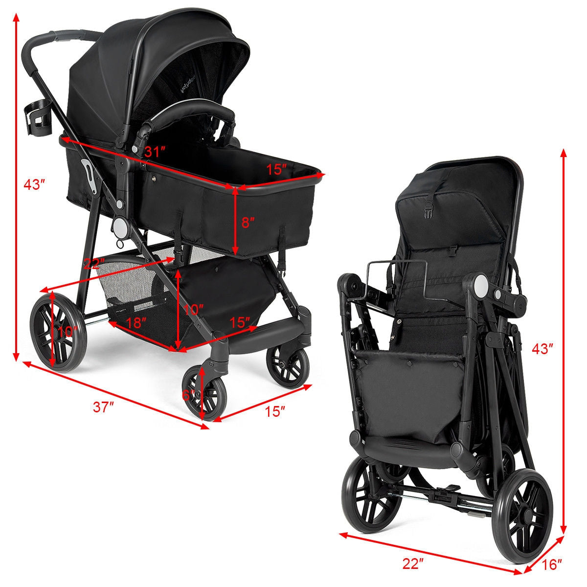 2-in-1 Foldable Baby Stroller with Cup Holder, Black - Newborn Infant Pushchair