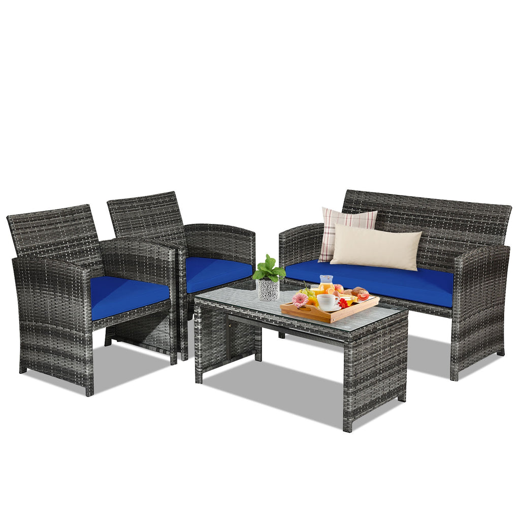 4-Piece Rattan Patio Furniture Set with Cushions - Black Rattan, Navy