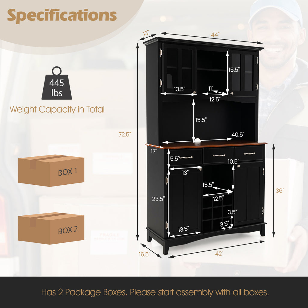 Kitchen Storage Hutch with Wine Rack & Drawers - Black