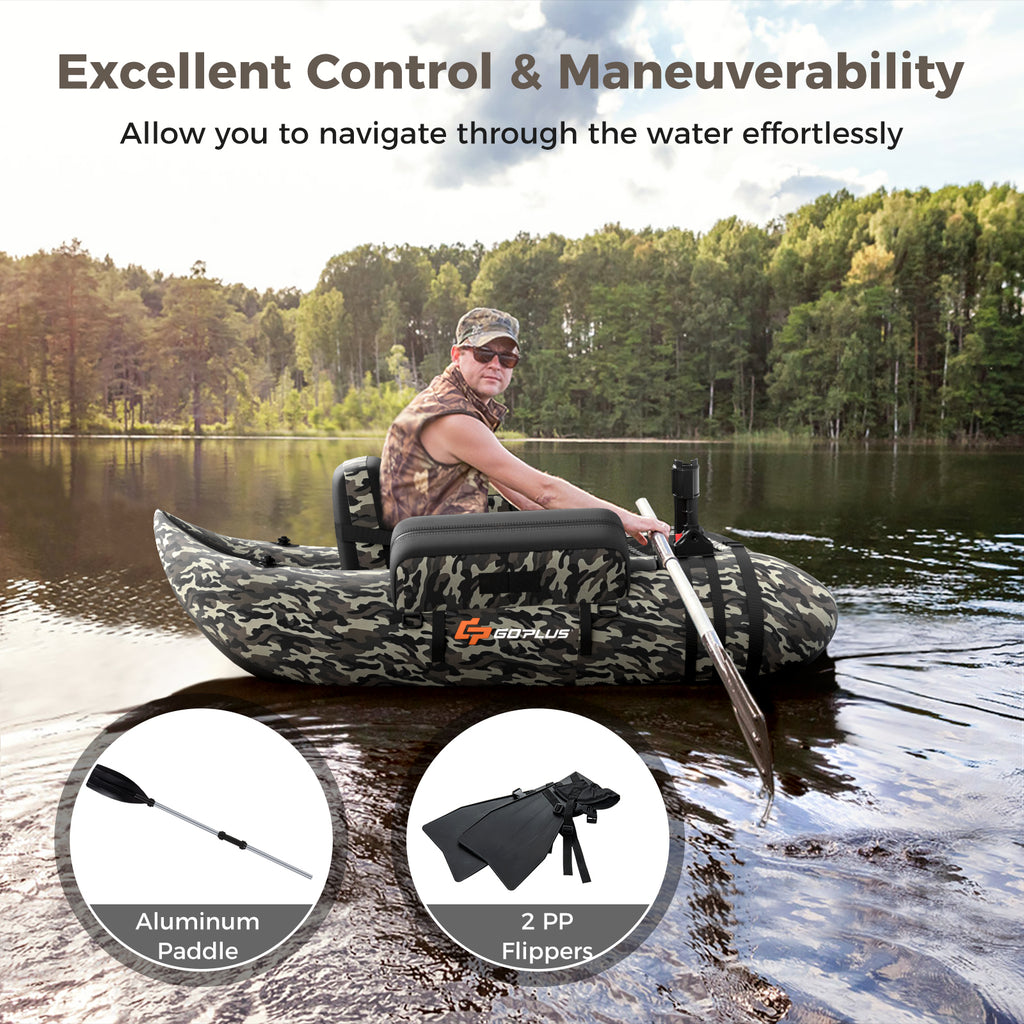 Inflatable Fishing Float Tube with Pump & Camouflage Storage Pockets - Fish Ruler
