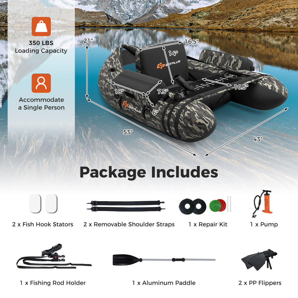 Inflatable Fishing Float Tube with Pump & Camouflage Storage Pockets - Fish Ruler