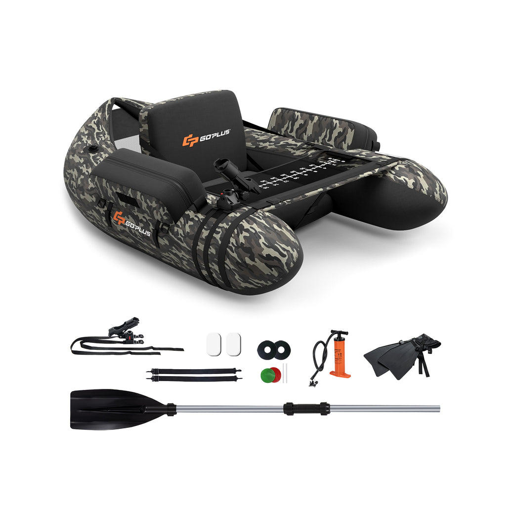 Inflatable Fishing Float Tube with Pump & Camouflage Storage Pockets - Fish Ruler