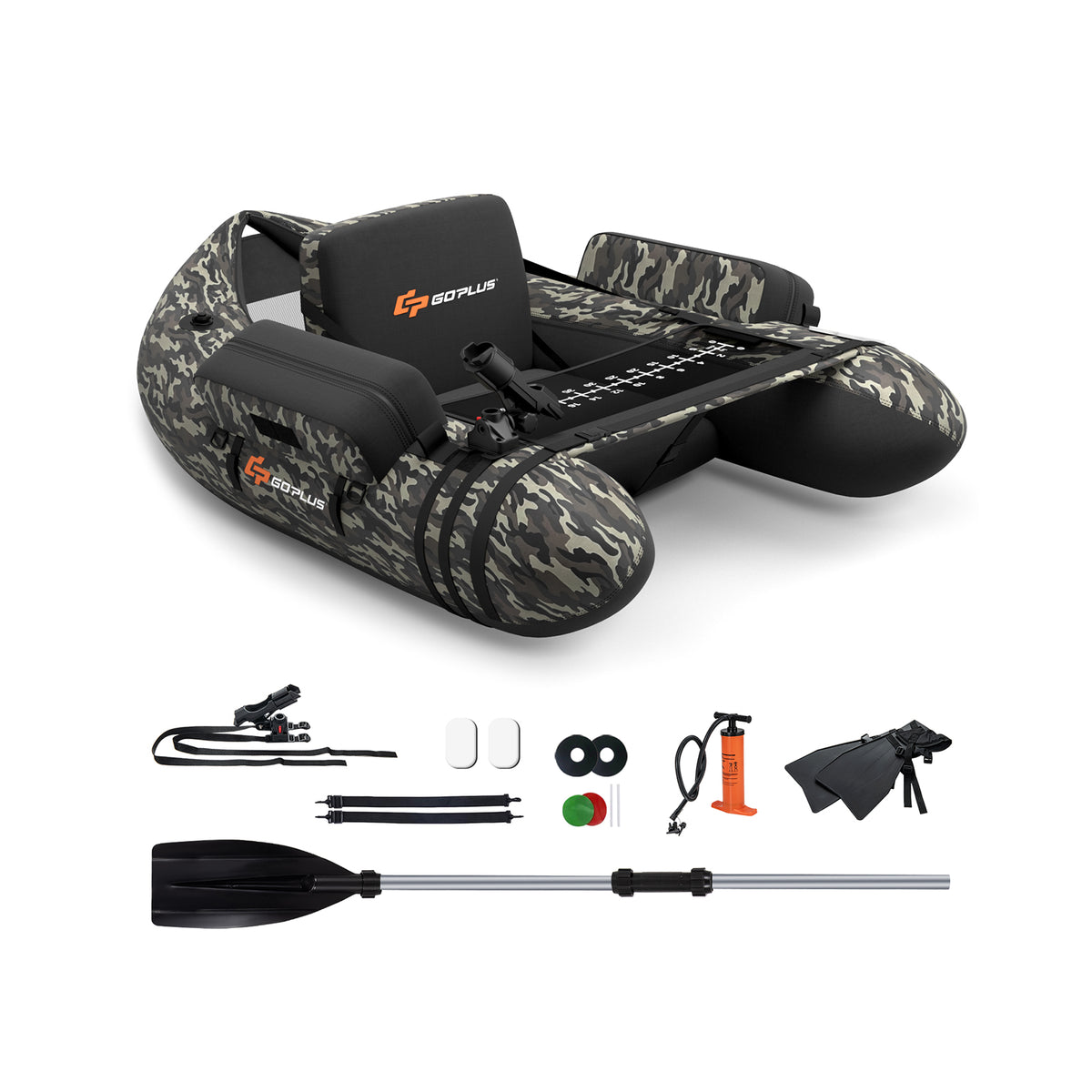 Inflatable Fishing Float Tube with Pump & Camouflage Storage Pockets - Fish Ruler