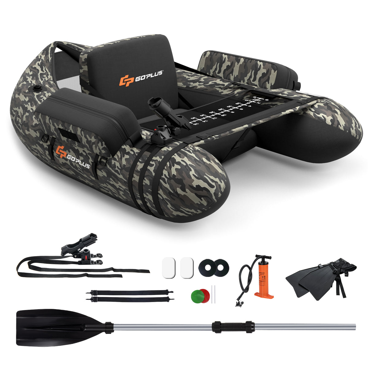 Inflatable Fishing Float Tube with Pump & Camouflage Storage Pockets - Fish Ruler
