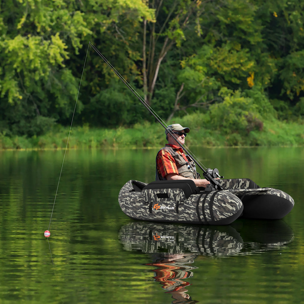 Inflatable Fishing Float Tube with Pump & Camouflage Storage Pockets - Fish Ruler