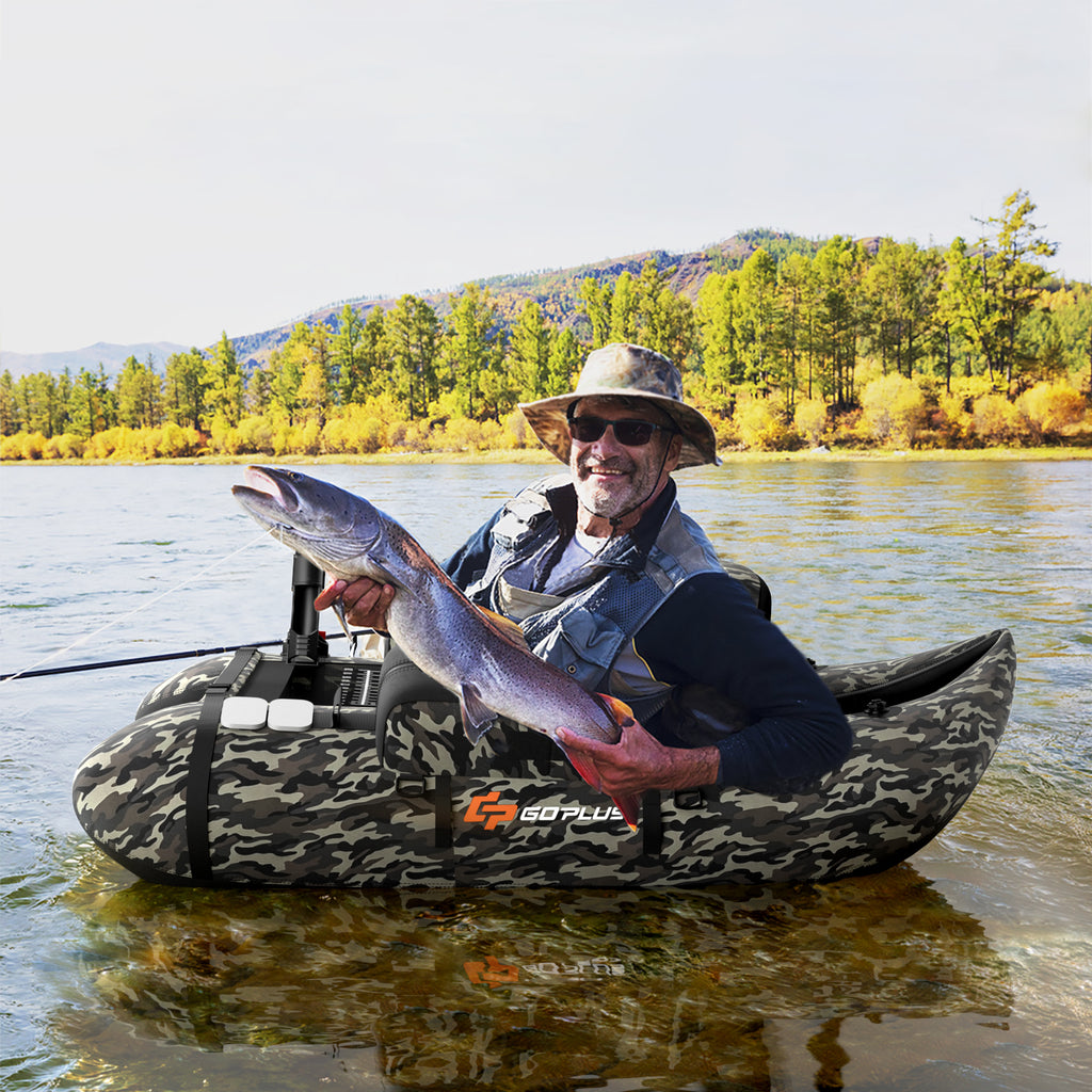 Inflatable Fishing Float Tube with Pump & Camouflage Storage Pockets - Fish Ruler
