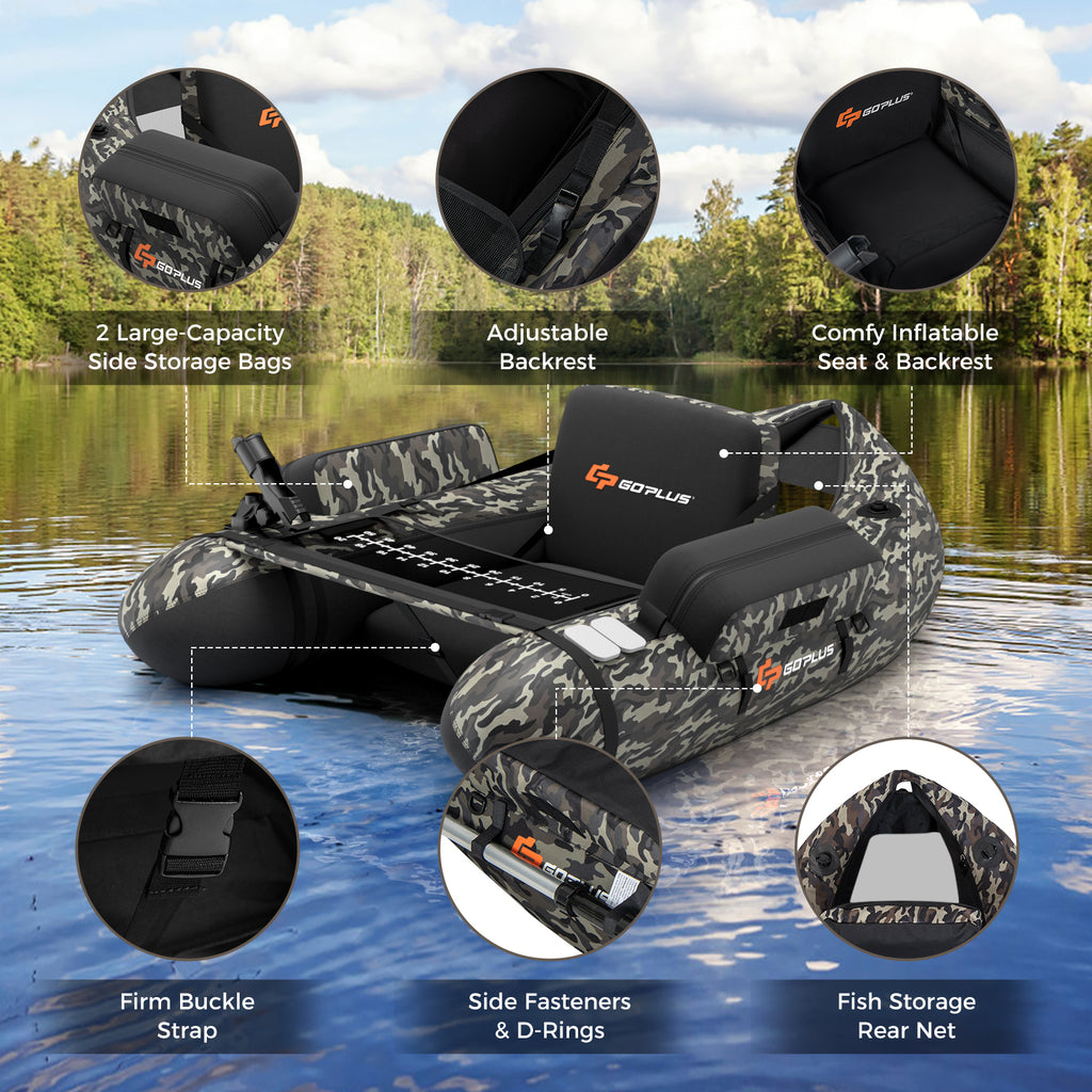 Inflatable Fishing Float Tube with Pump & Camouflage Storage Pockets - Fish Ruler