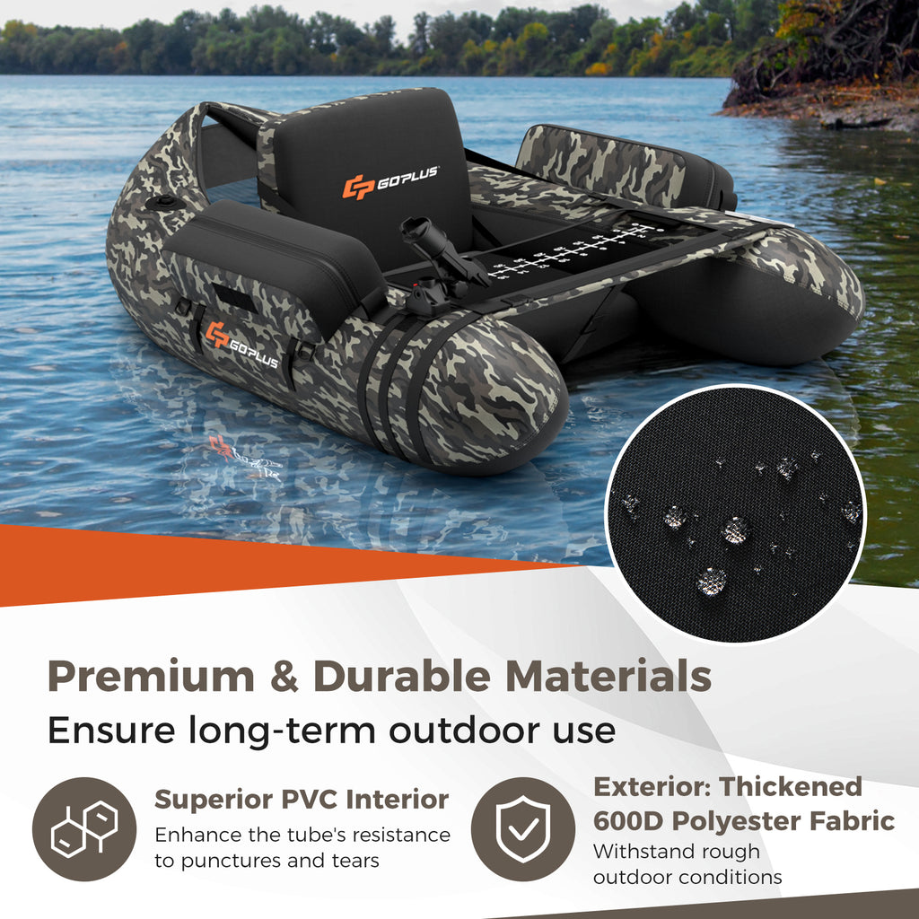 Inflatable Fishing Float Tube with Pump & Camouflage Storage Pockets - Fish Ruler