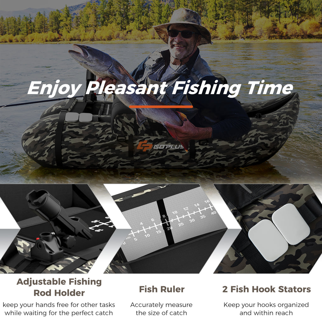 Inflatable Fishing Float Tube with Pump & Camouflage Storage Pockets - Fish Ruler