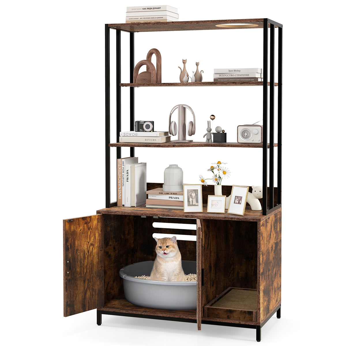 Cat Litter Box Enclosure with Storage & 3-Tier Shelves - Rustic Brown