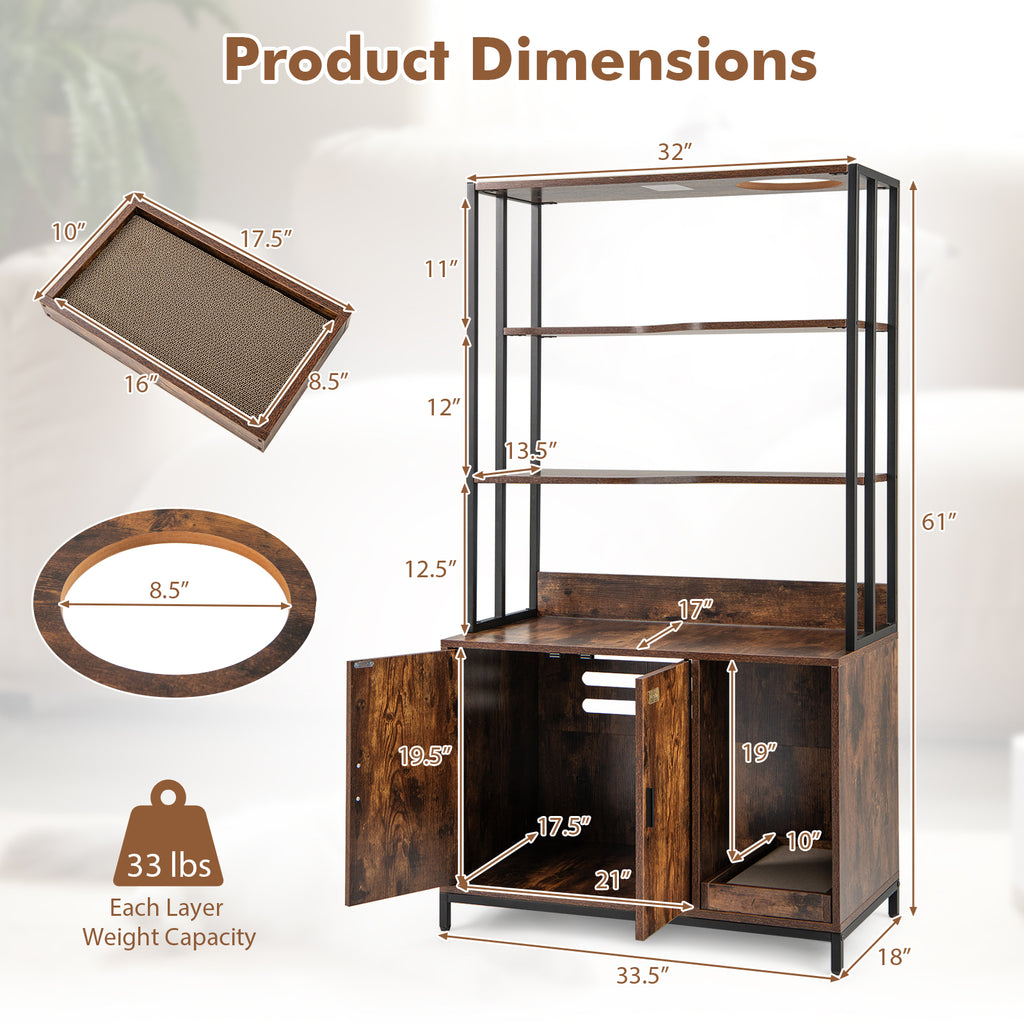Cat Litter Box Enclosure with Storage & 3-Tier Shelves - Rustic Brown