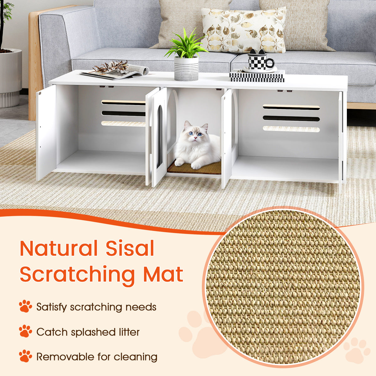 Cat Litter Box Enclosure for 2 Cats with Double Rooms and Sisal Scratching Mat - White, Space-Saving Design