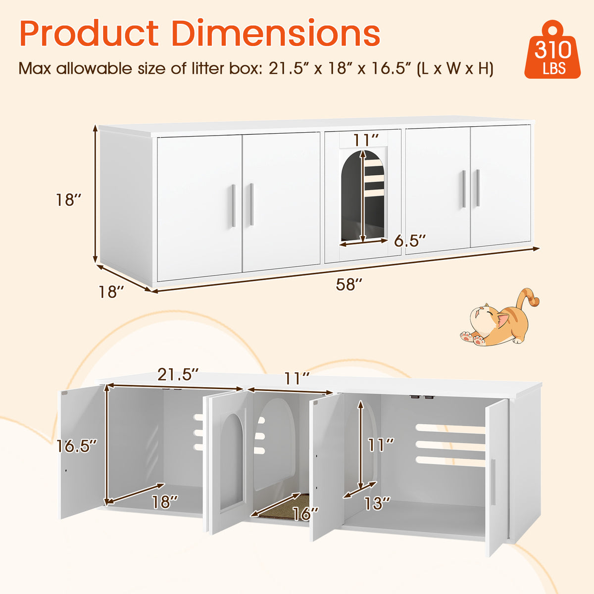 Cat Litter Box Enclosure for 2 Cats with Double Rooms and Sisal Scratching Mat - White, Space-Saving Design