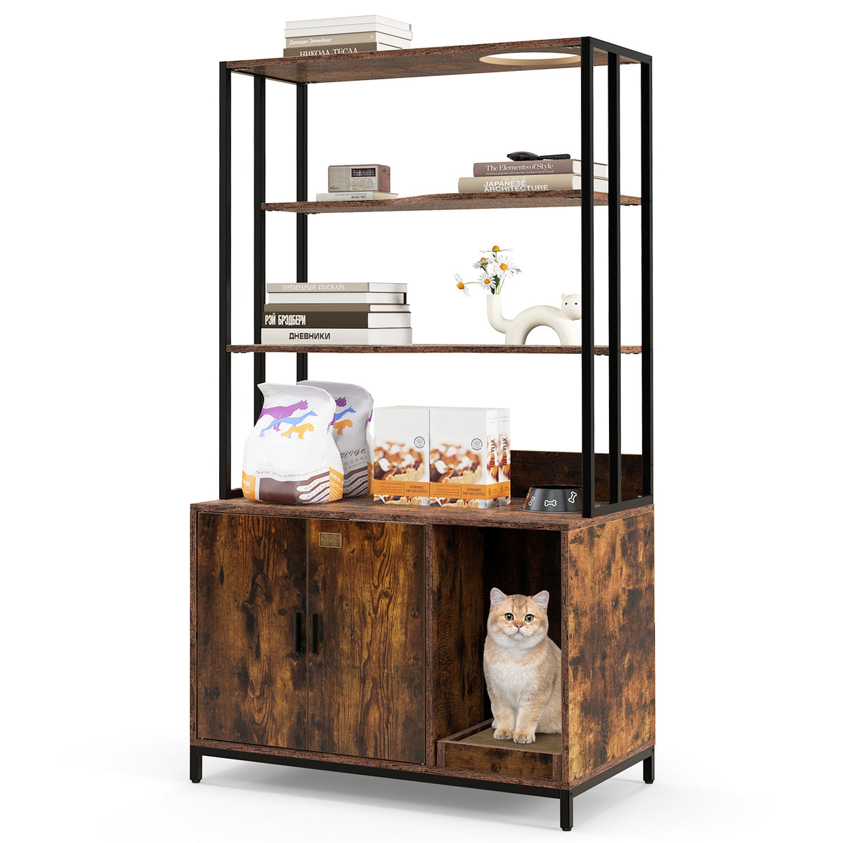 Cat Litter Box Enclosure with Storage & 3-Tier Shelves - Rustic Brown
