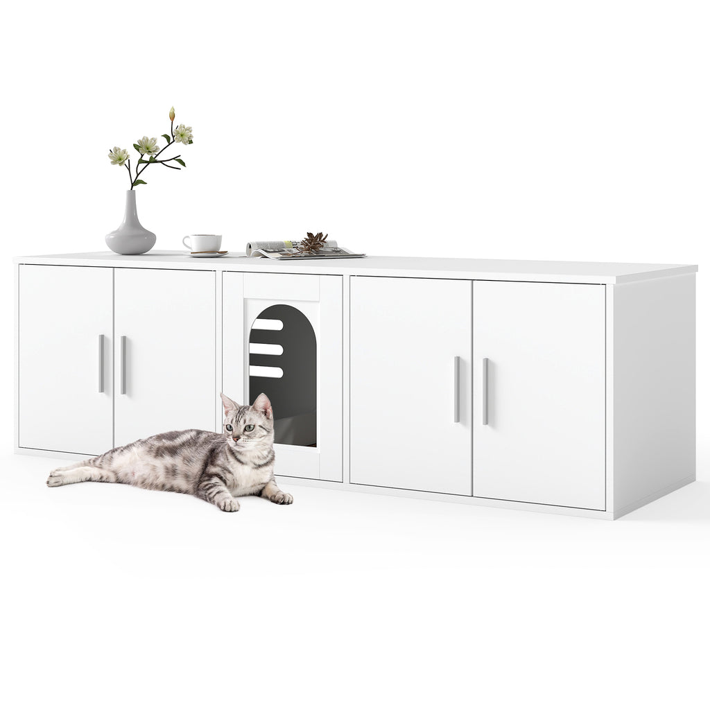 Cat Litter Box Enclosure for 2 Cats with Double Rooms and Sisal Scratching Mat - White, Space-Saving Design