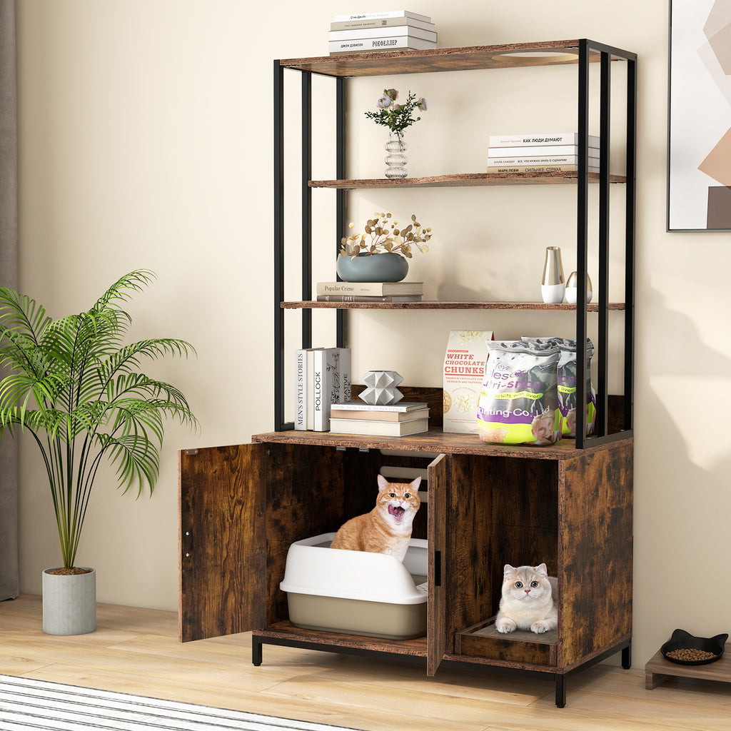 Cat Litter Box Enclosure with Storage & 3-Tier Shelves - Rustic Brown
