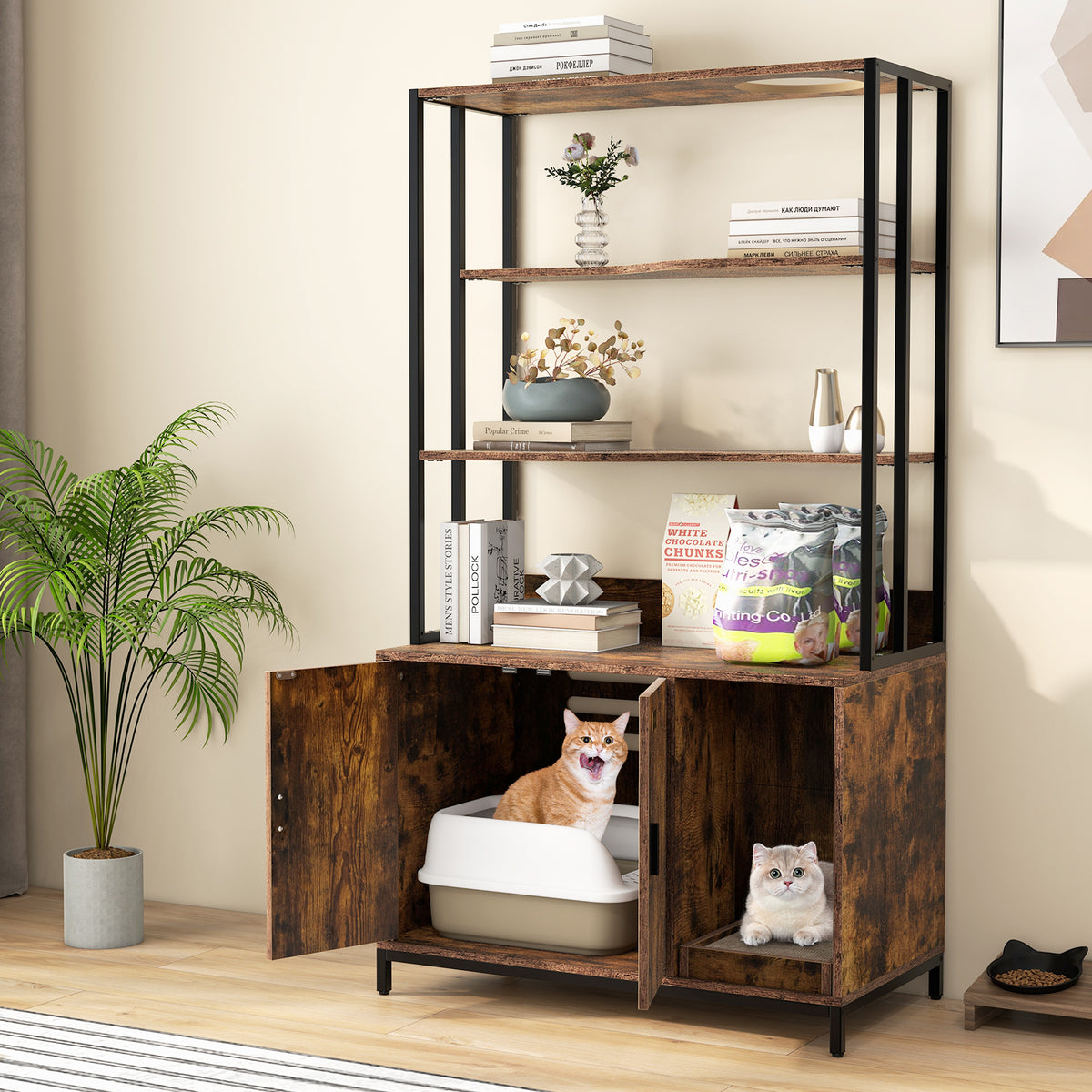 Cat Litter Box Enclosure with Storage & 3-Tier Shelves - Rustic Brown