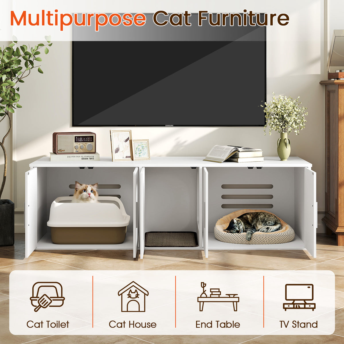Cat Litter Box Enclosure for 2 Cats with Double Rooms and Sisal Scratching Mat - White, Space-Saving Design