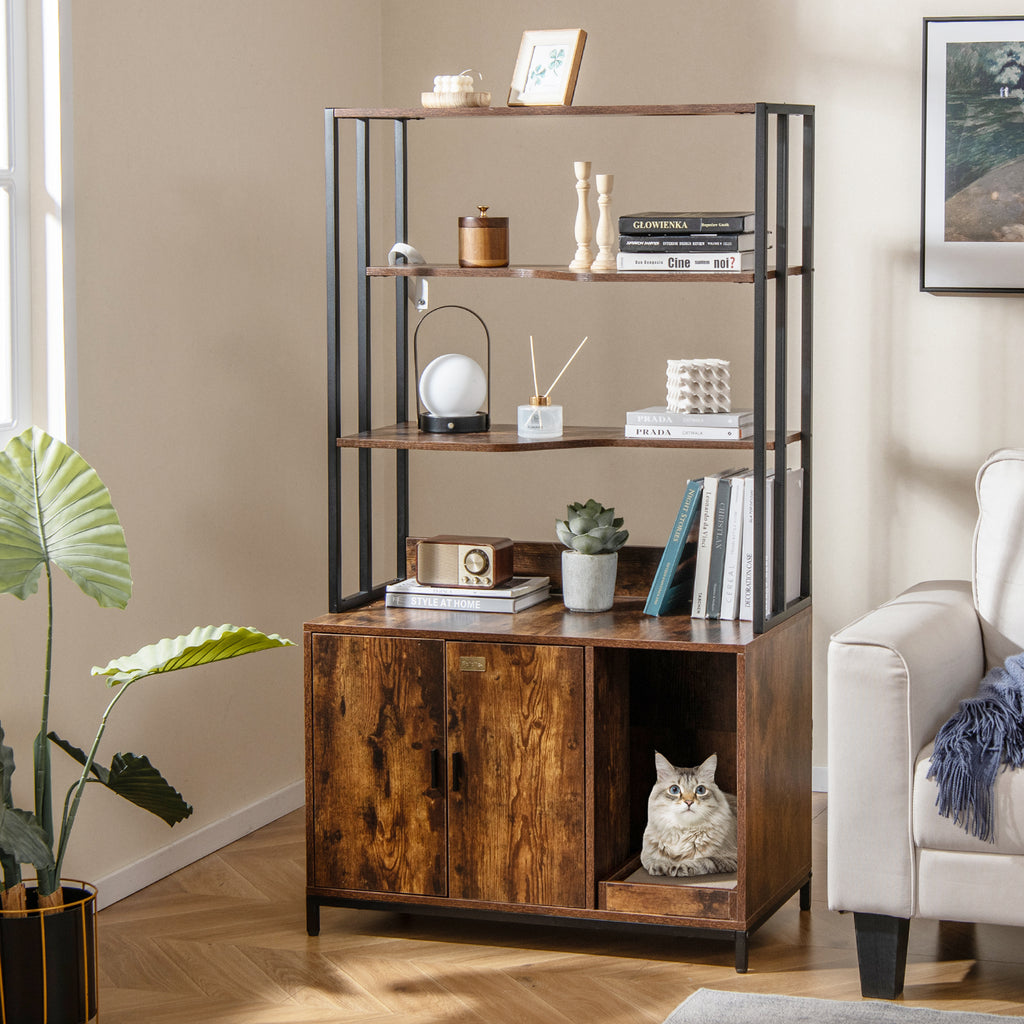 Cat Litter Box Enclosure with Storage & 3-Tier Shelves - Rustic Brown
