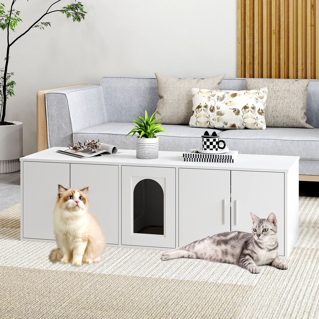 Cat Litter Box Enclosure for 2 Cats with Double Rooms and Sisal Scratching Mat - White, Space-Saving Design