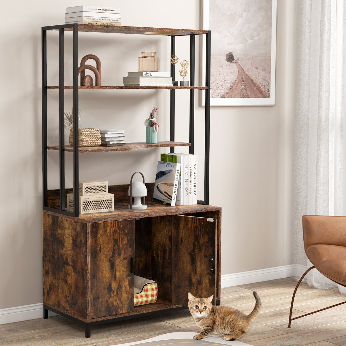 Cat Litter Box Enclosure with Storage & 3-Tier Shelves - Rustic Brown