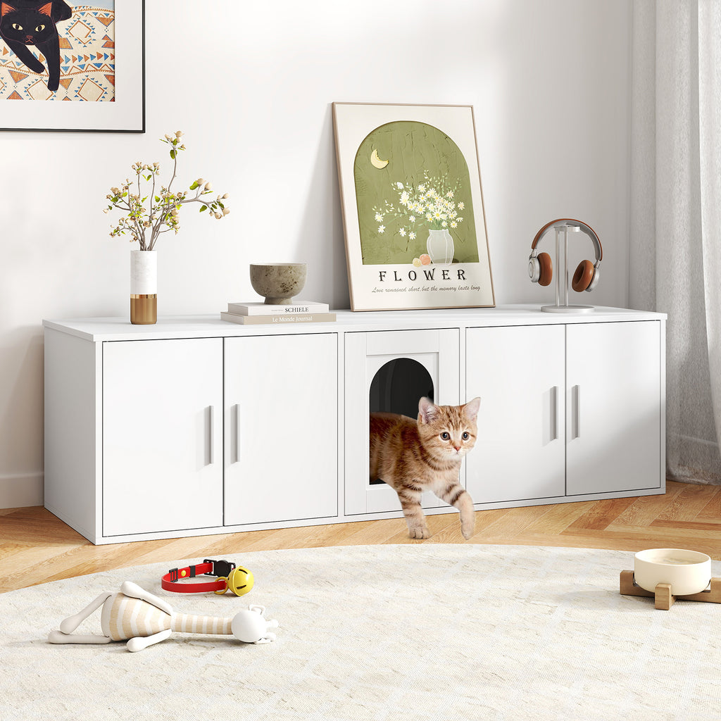 Cat Litter Box Enclosure for 2 Cats with Double Rooms and Sisal Scratching Mat - White, Space-Saving Design