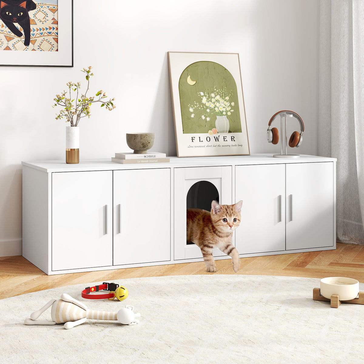 Cat Litter Box Enclosure for 2 Cats with Double Rooms and Sisal Scratching Mat - White, Space-Saving Design