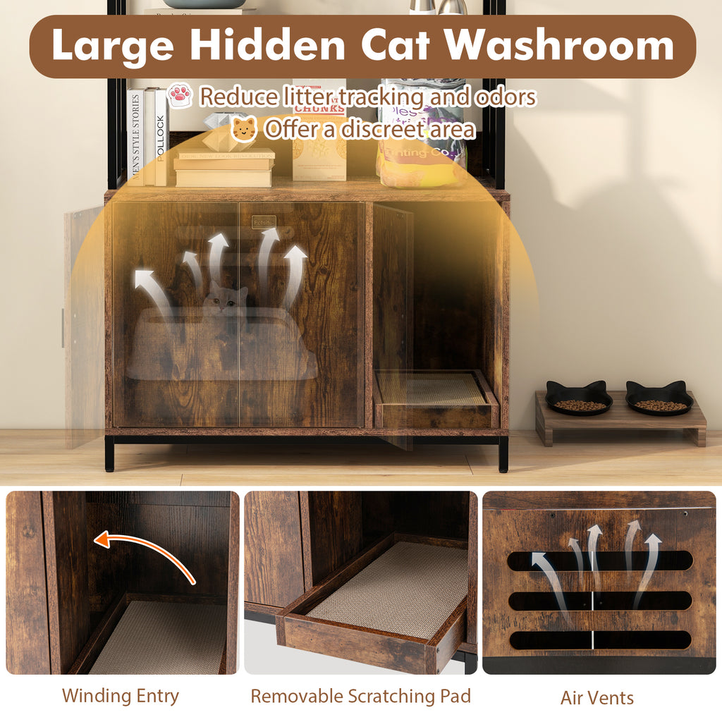 Cat Litter Box Enclosure with Storage & 3-Tier Shelves - Rustic Brown