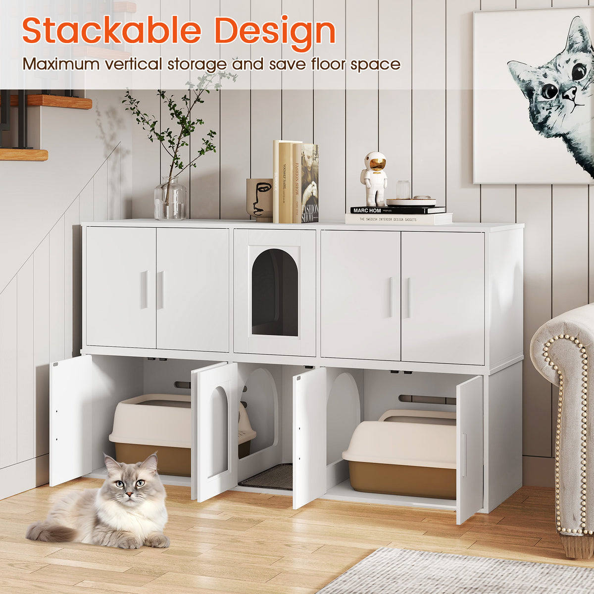 Cat Litter Box Enclosure for 2 Cats with Double Rooms and Sisal Scratching Mat - White, Space-Saving Design