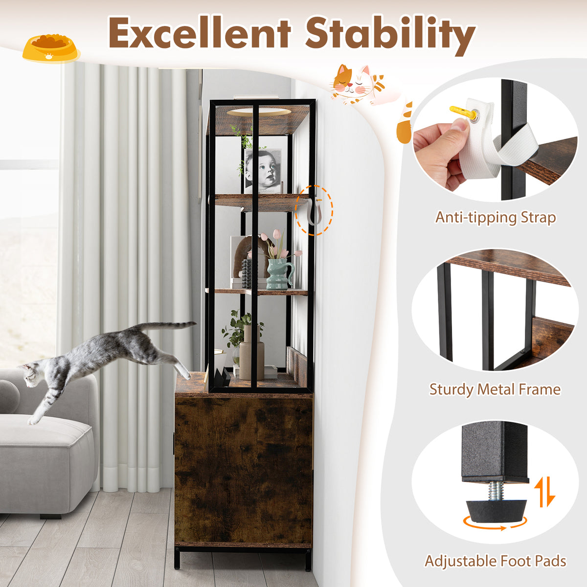 Cat Litter Box Enclosure with Storage & 3-Tier Shelves - Rustic Brown