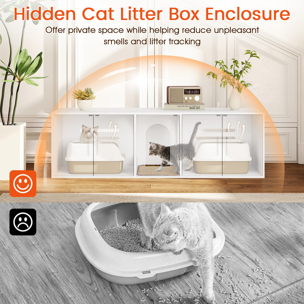Cat Litter Box Enclosure for 2 Cats with Double Rooms and Sisal Scratching Mat - White, Space-Saving Design