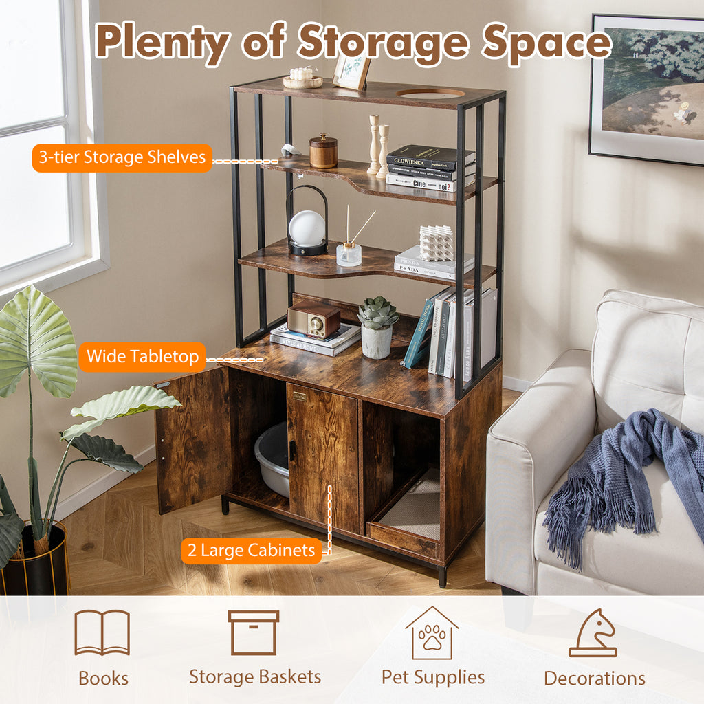Cat Litter Box Enclosure with Storage & 3-Tier Shelves - Rustic Brown