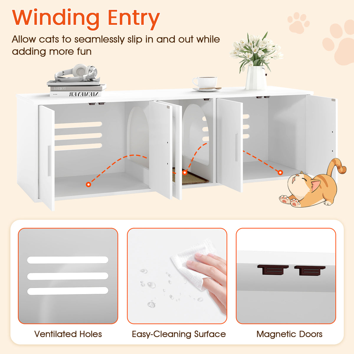 Cat Litter Box Enclosure for 2 Cats with Double Rooms and Sisal Scratching Mat - White, Space-Saving Design