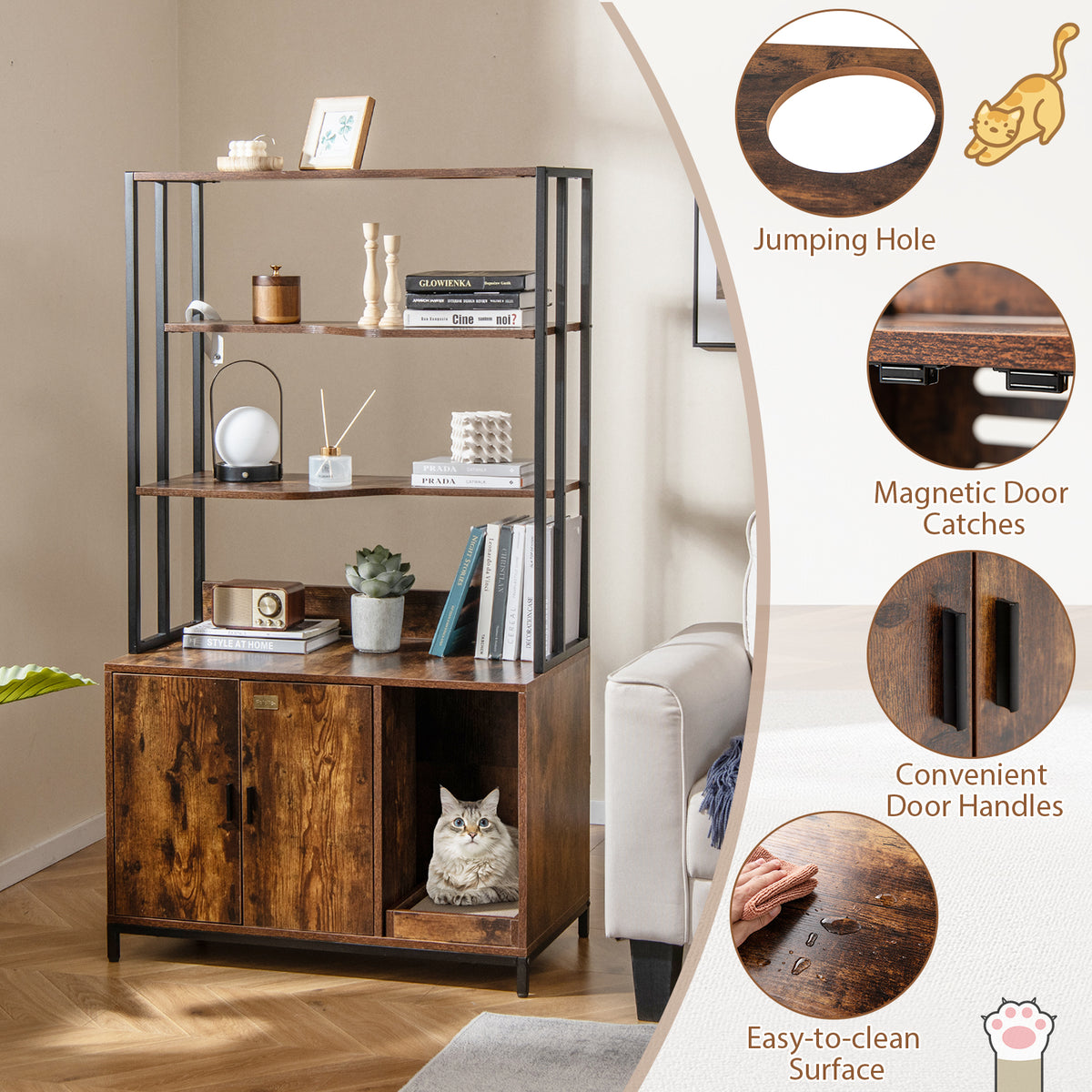Cat Litter Box Enclosure with Storage & 3-Tier Shelves - Rustic Brown