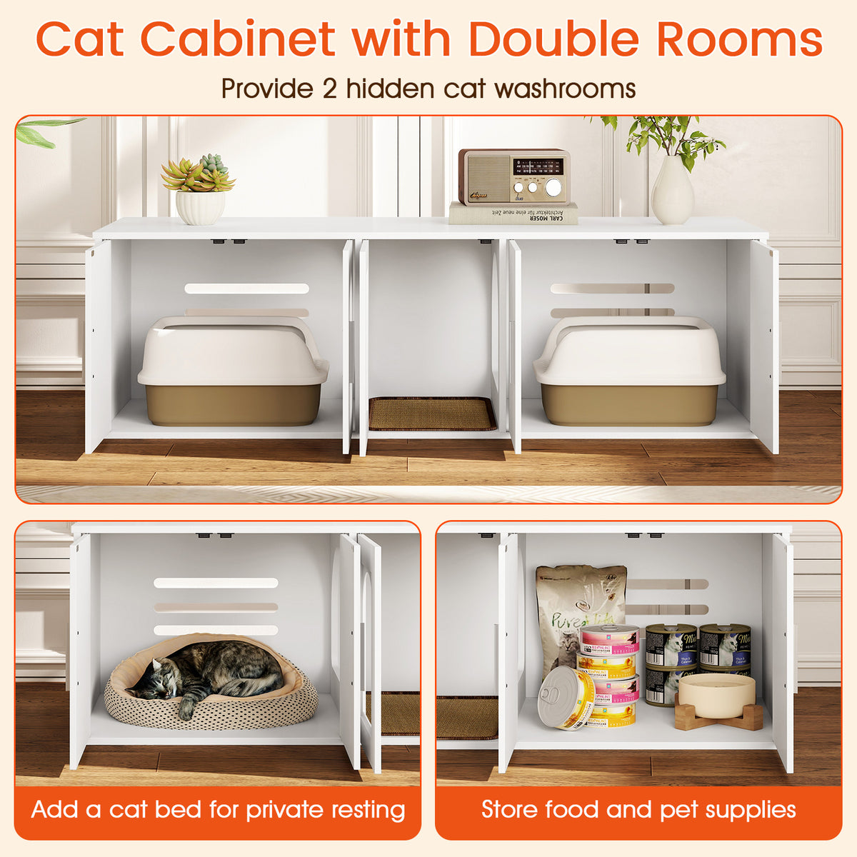 Cat Litter Box Enclosure for 2 Cats with Double Rooms and Sisal Scratching Mat - White, Space-Saving Design